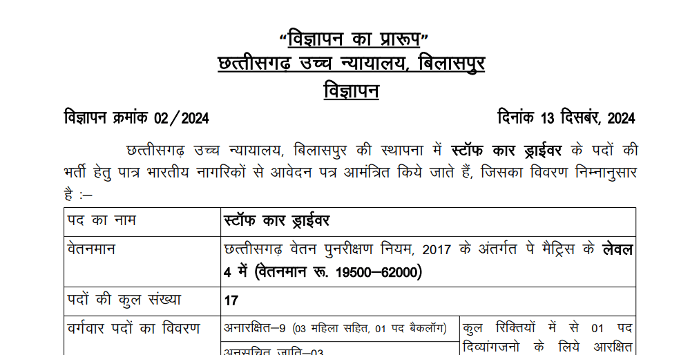 छत्तीसगढ़ हाई कोर्ट सीधी भर्ती 2024