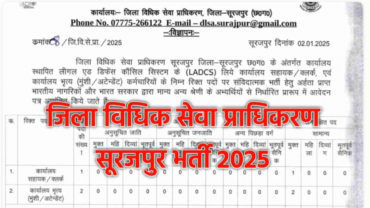 जिला विधिक सेवा प्राधिकरण सूरजपुर भर्ती 2025